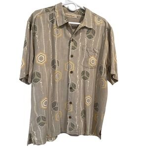 Vintage Tommy Bahama Mens Large 100% Silk Geometric Print Camp Shirt Tan Cream